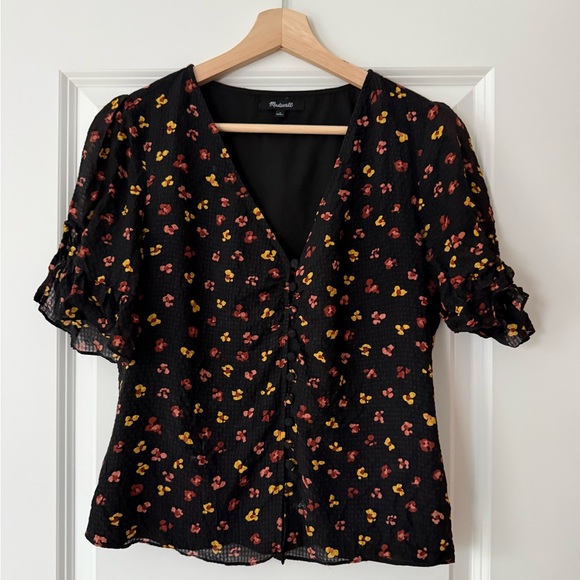 Madewell Tops - Madewell Silk Black Blouse with Red and Yellow Floral Print